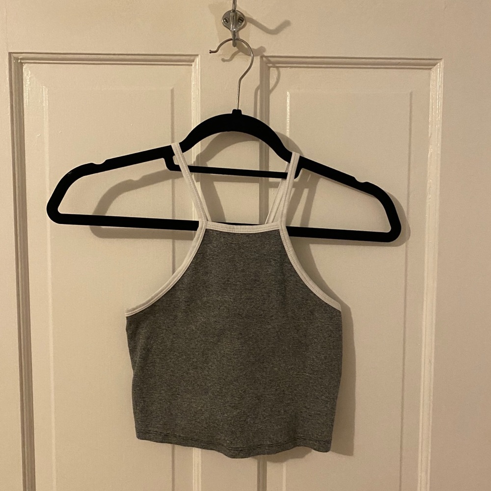 White and Grey striped, very cropped halter top.